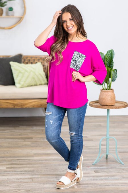 Fuchsia Top With Animal Print Pocket - Filly Flair