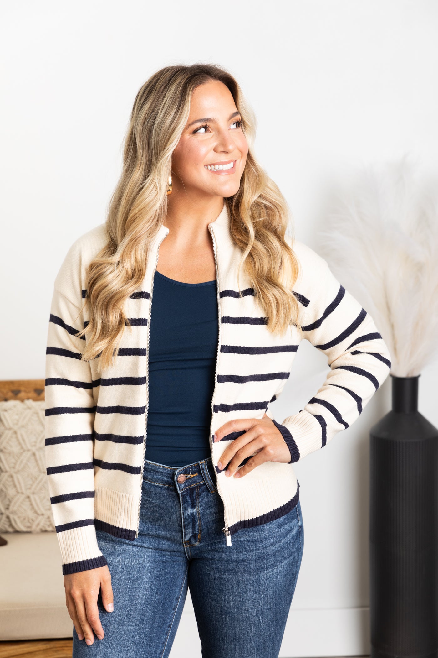 Cream Mock Neck Striped Front Zipper Cardigan