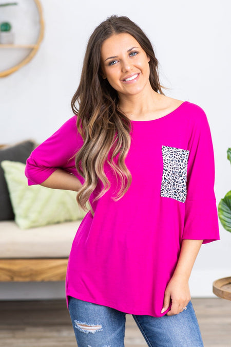 Fuchsia Top With Animal Print Pocket - Filly Flair