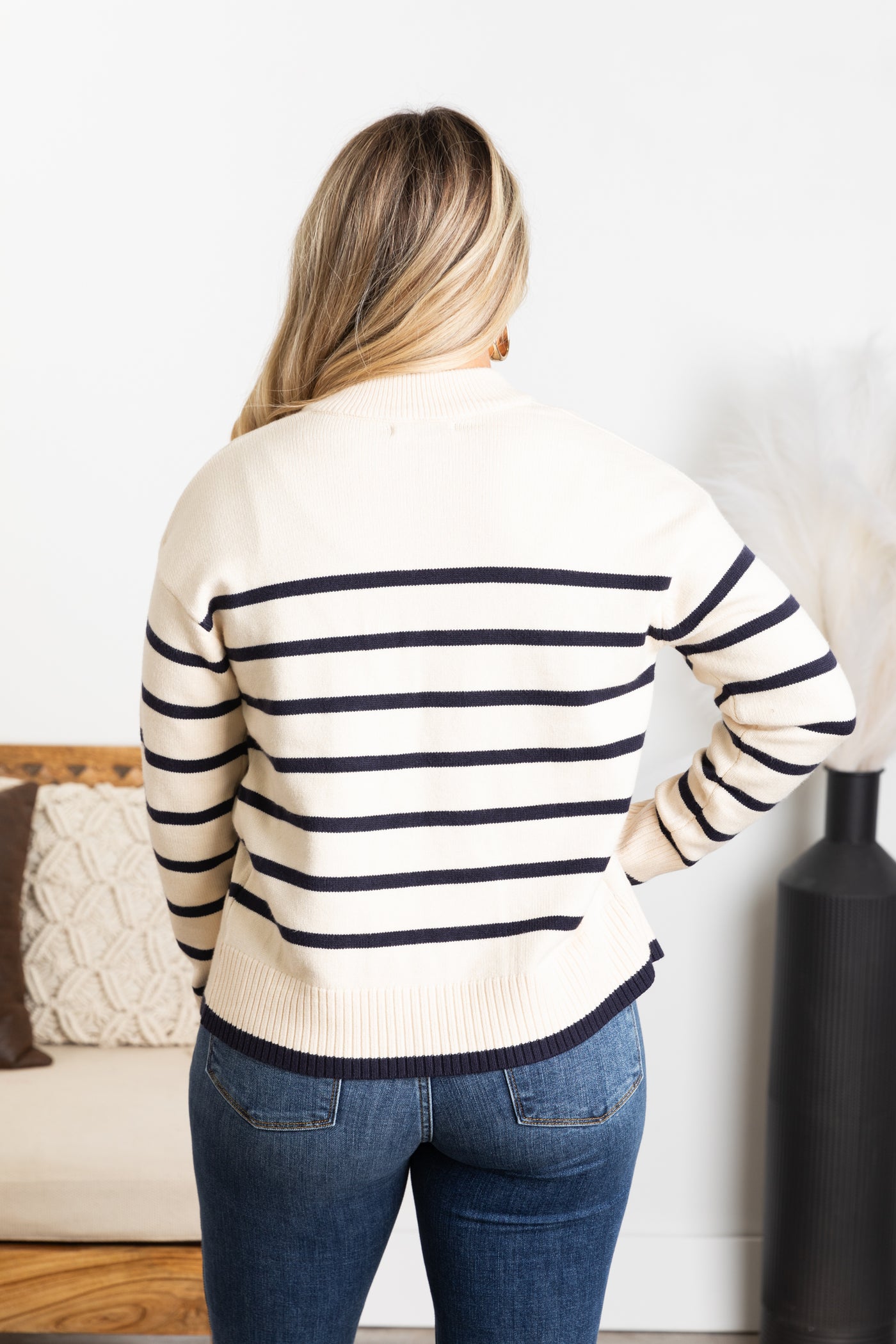 Cream Mock Neck Striped Front Zipper Cardigan