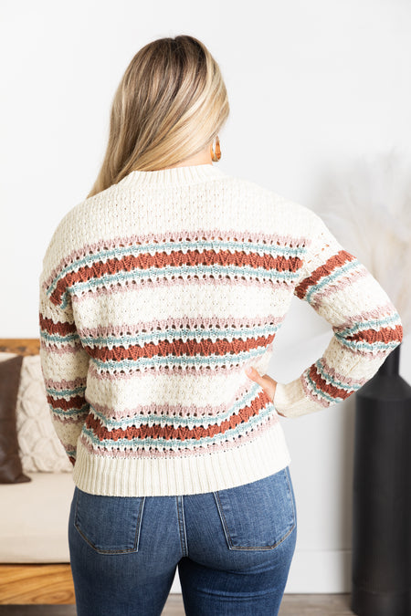 Ivory Multicolor Stripe Textured Sweater