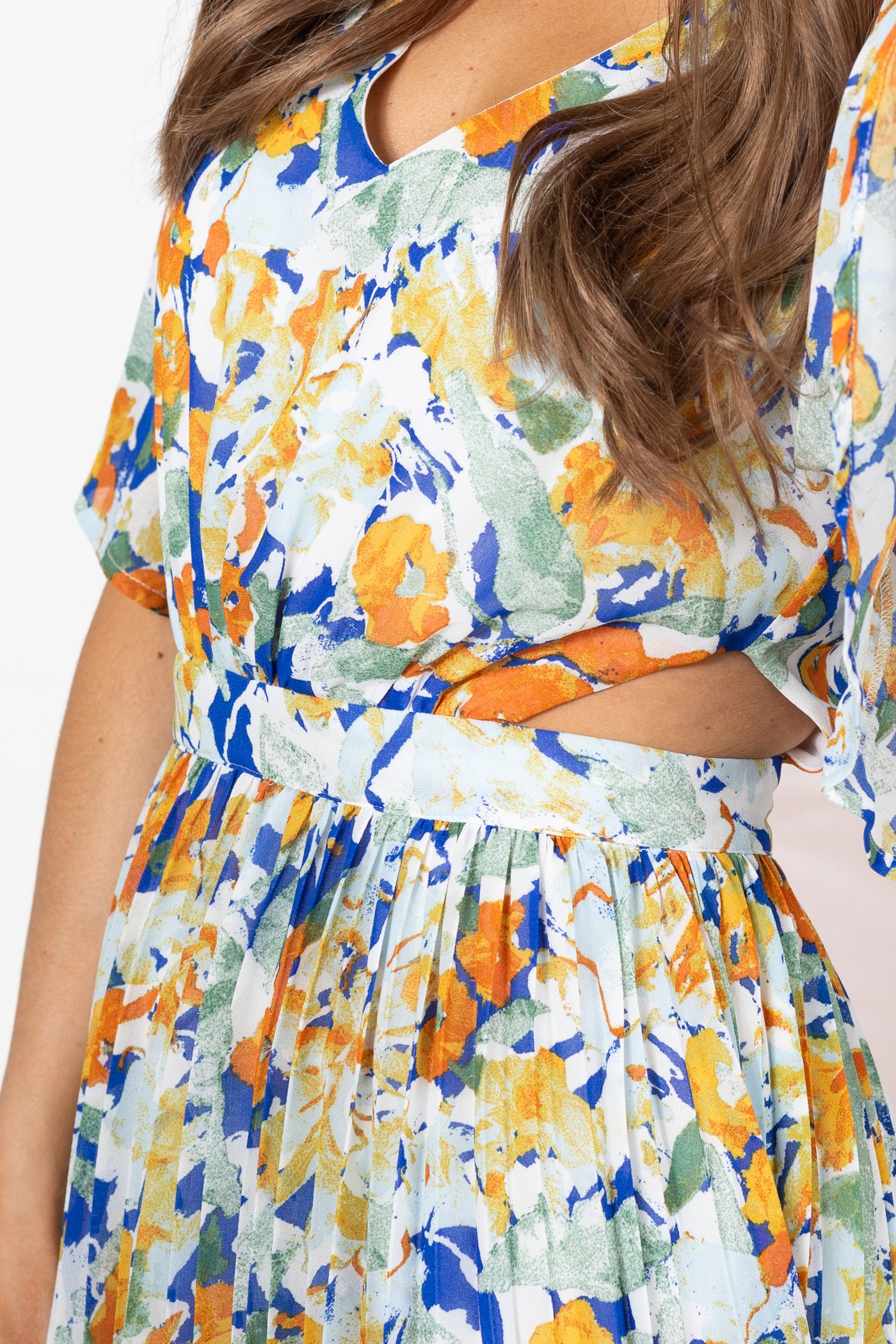 Orange Short Sleeve Floral Midi Dress