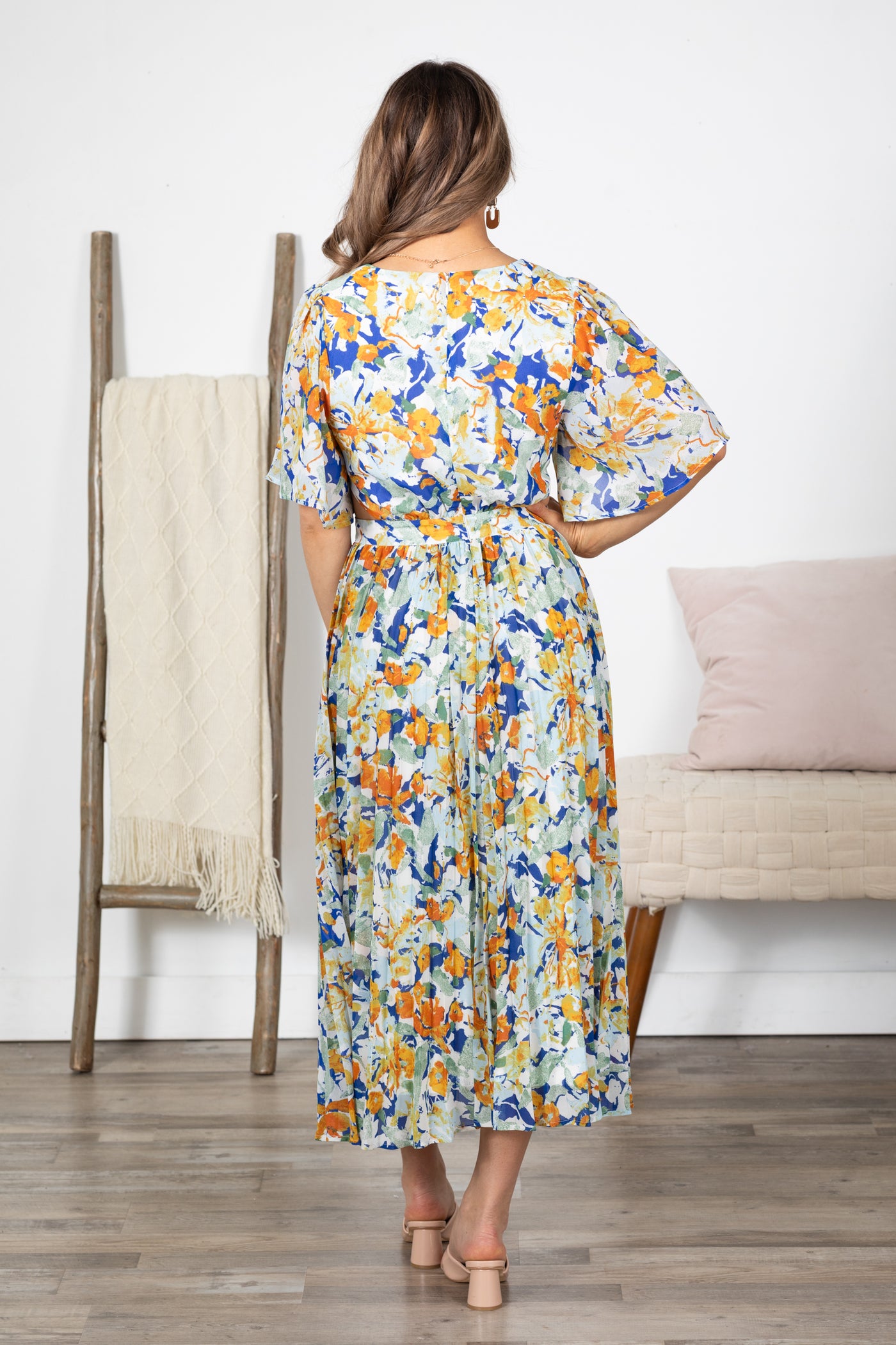 Orange Short Sleeve Floral Midi Dress