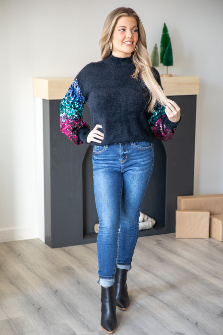 Black Textured Sweater With Sequin Sleeves