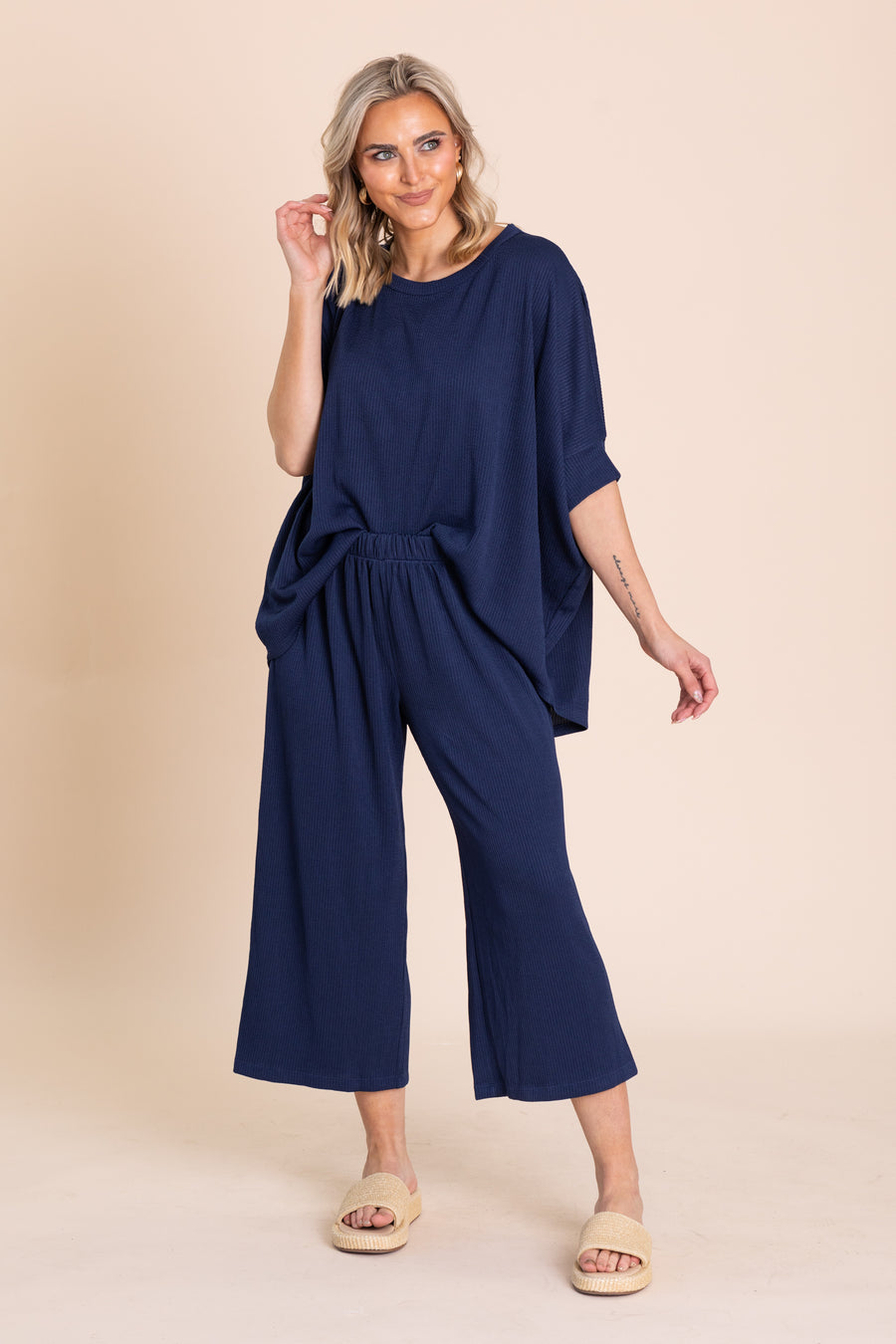 Solid Knit Dolman Sleeve And Pant Set