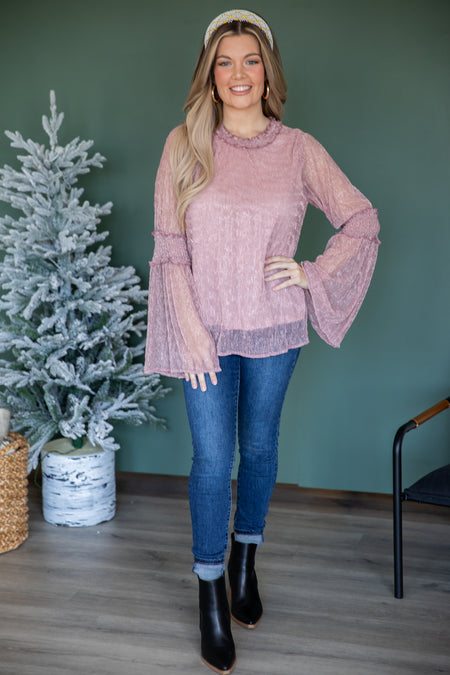 Dusty Rose Metallic Bell Sleeve Top