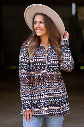 Mocha and Brown Aztec Print Babydoll Top