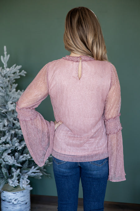 Dusty Rose Metallic Bell Sleeve Top