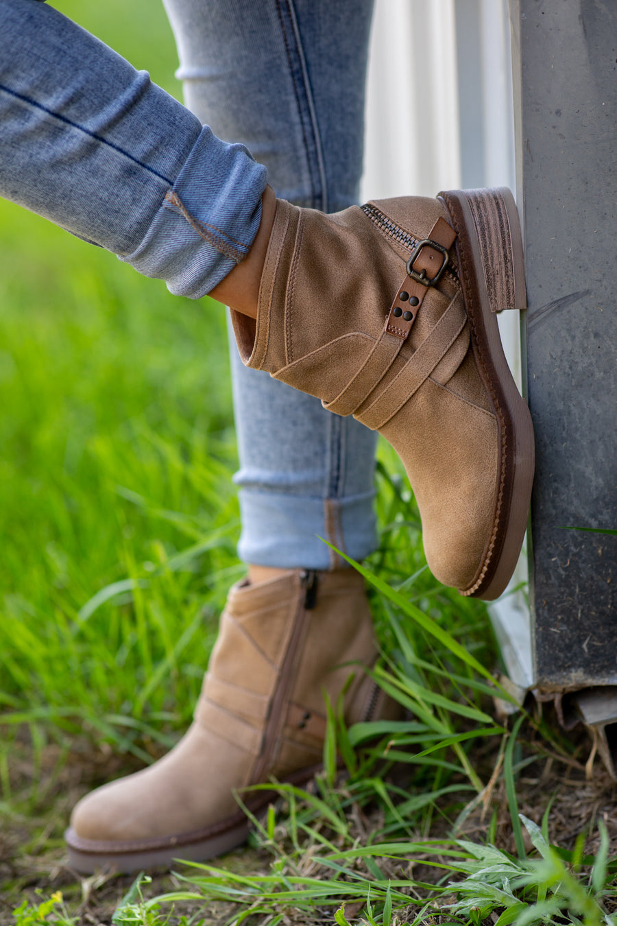 Tan Vegan Suede Booties With Buckle Detail