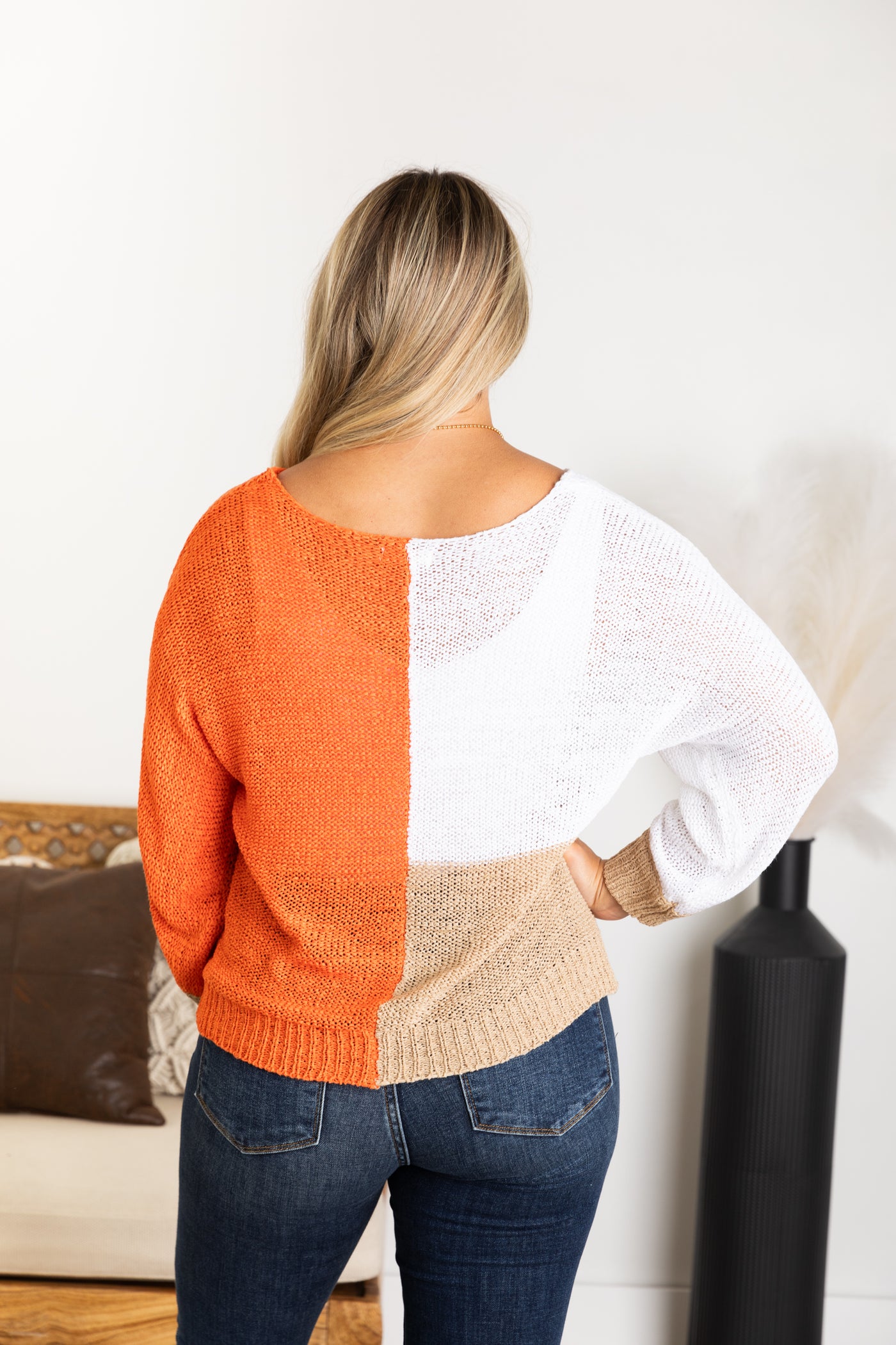 Orange Colorblock V-Neck Loose Knit Sweater