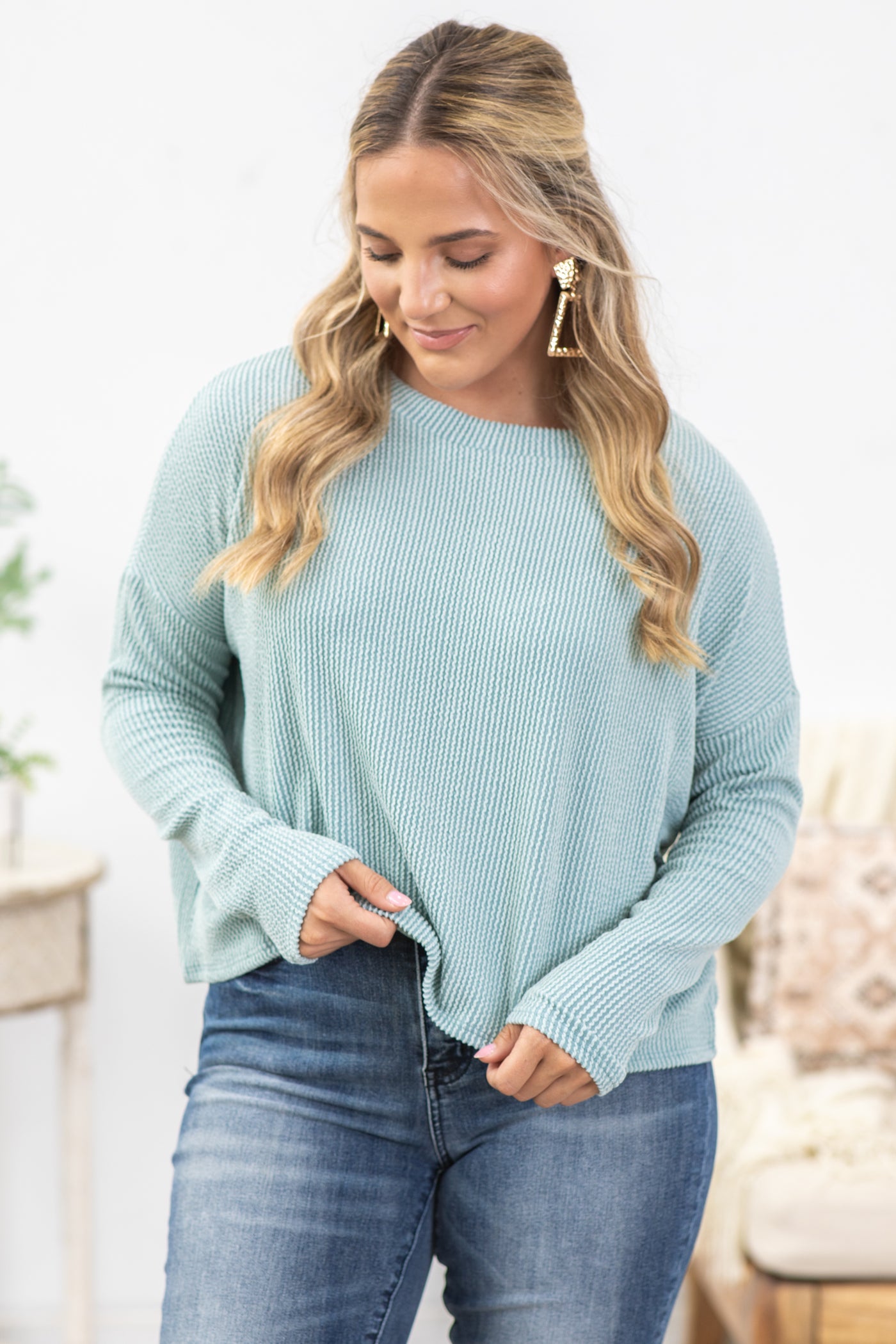 Ribbed Drop Shoulder Long Sleeve Top