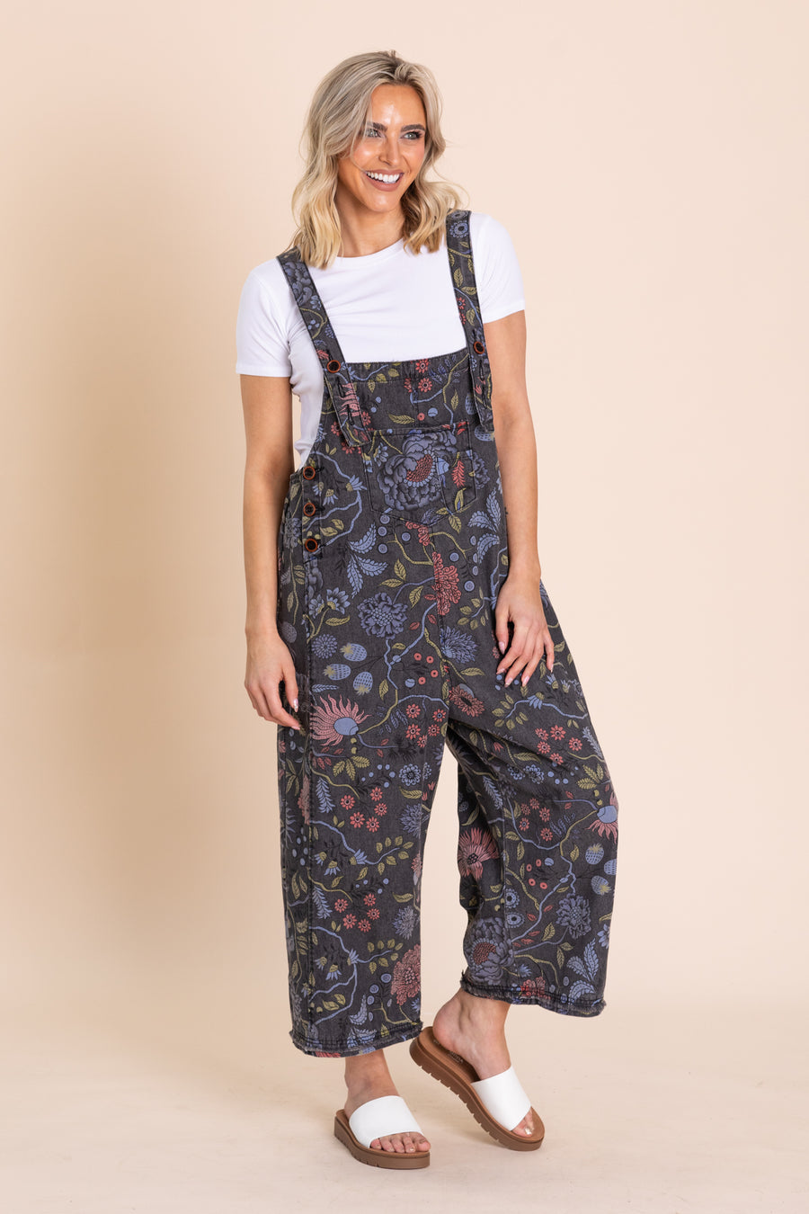 Black Denim Floral Vintage Overall Jumpsuit