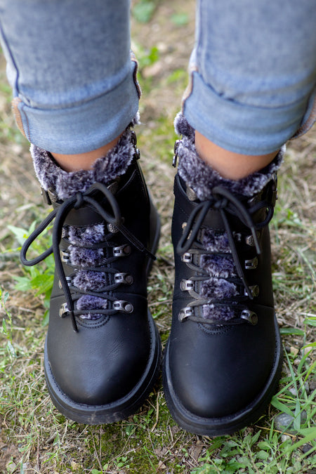 Black Lace Up Boots With Faux Fur Detail