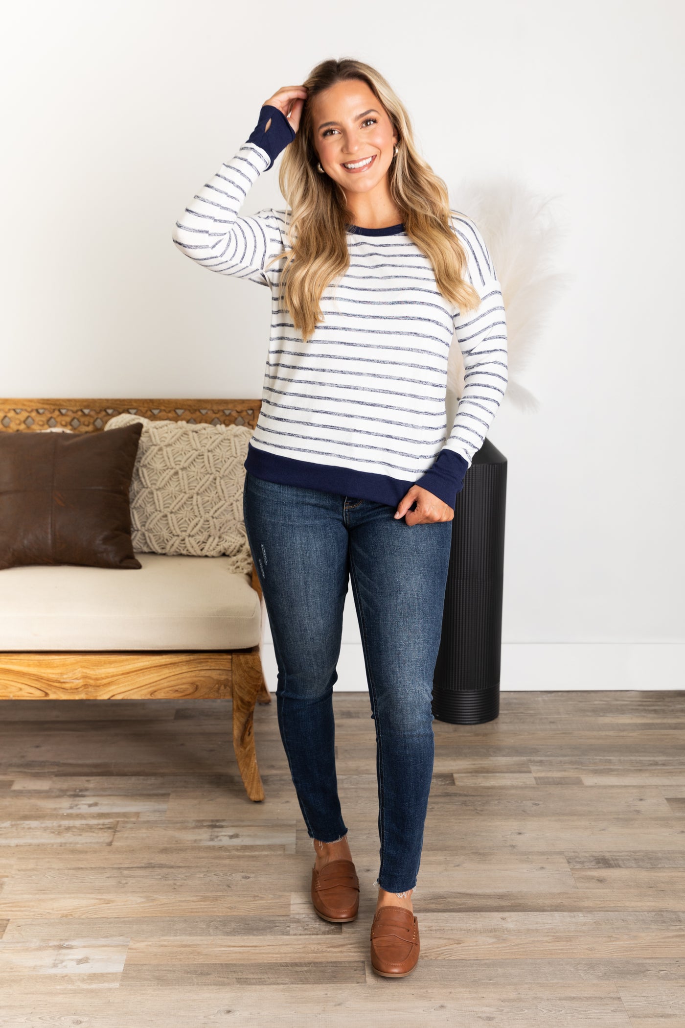 Navy and Ivory Stripe Thumbhole Cuff Knit Top