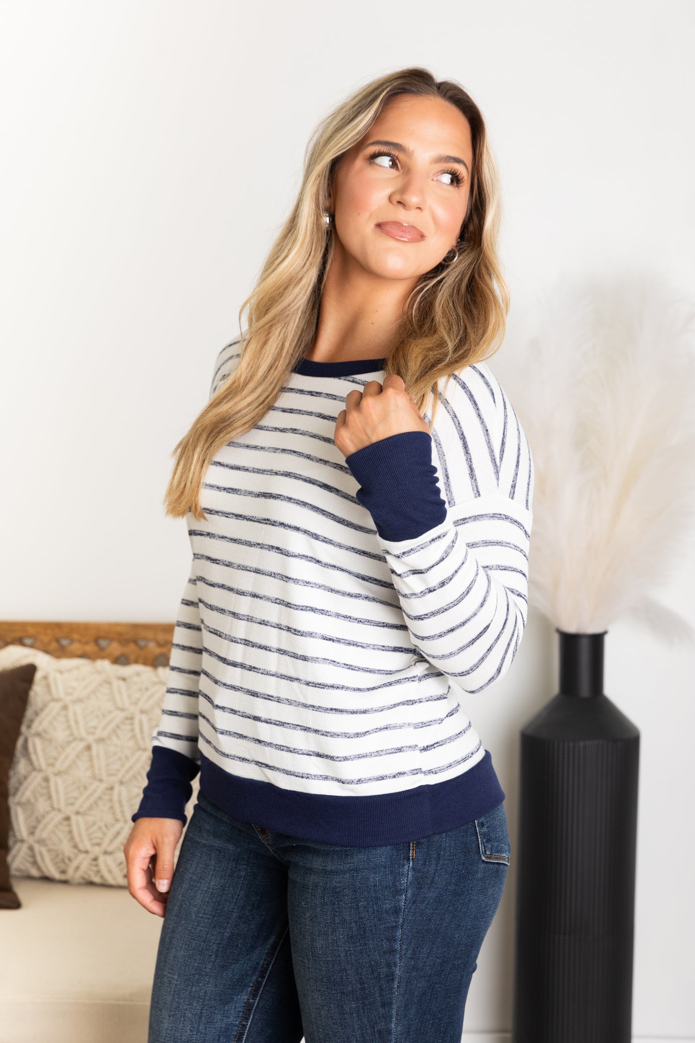 Navy and Ivory Stripe Thumbhole Cuff Knit Top