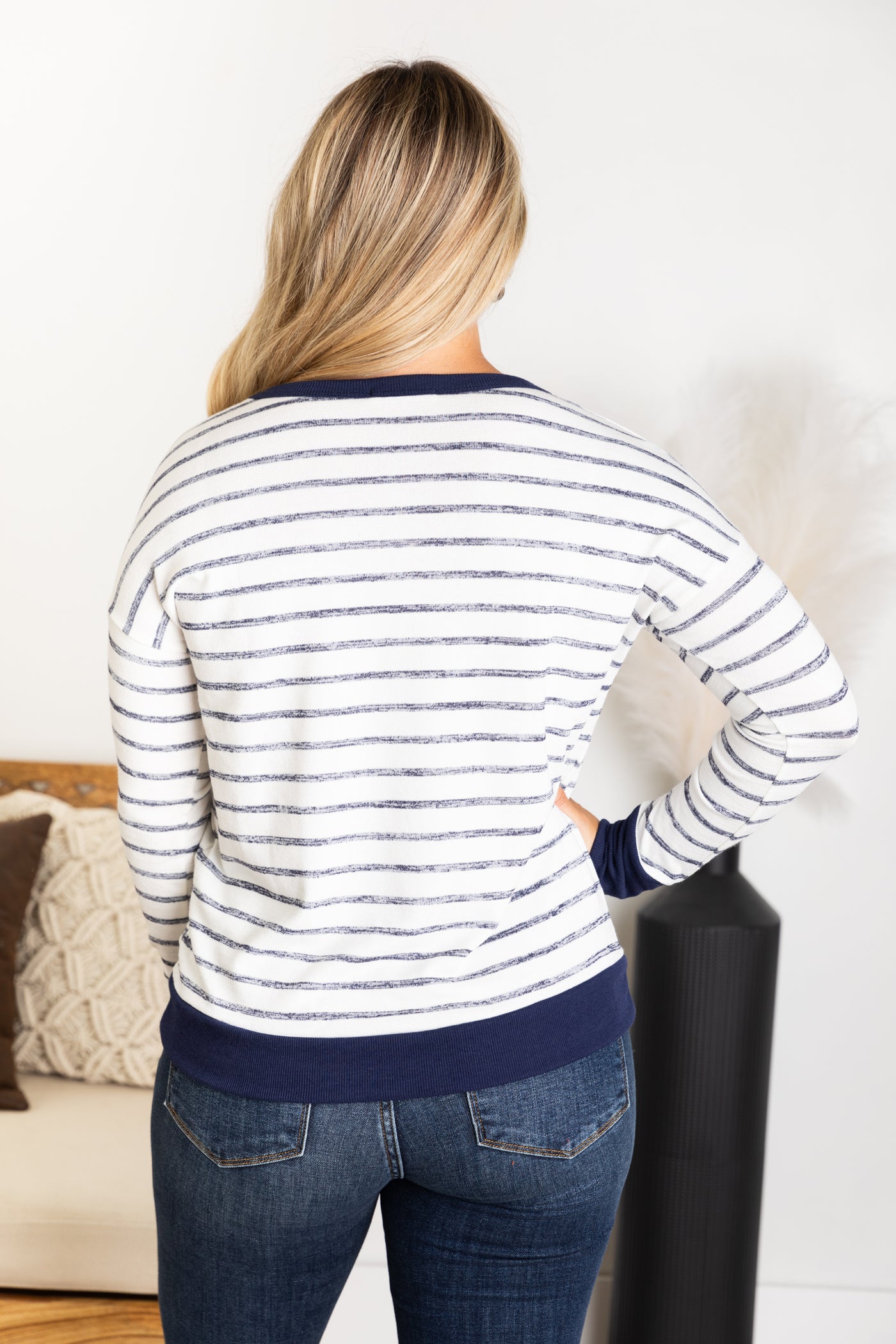 Navy and Ivory Stripe Thumbhole Cuff Knit Top