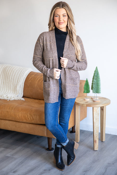 Mocha and Metallic Gold Detail Cardigan