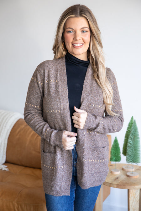 Mocha and Metallic Gold Detail Cardigan