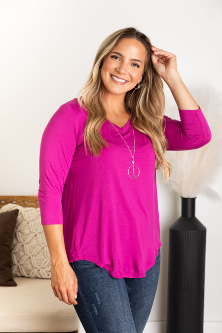 Solid 3/4 V-Neck Knit Top