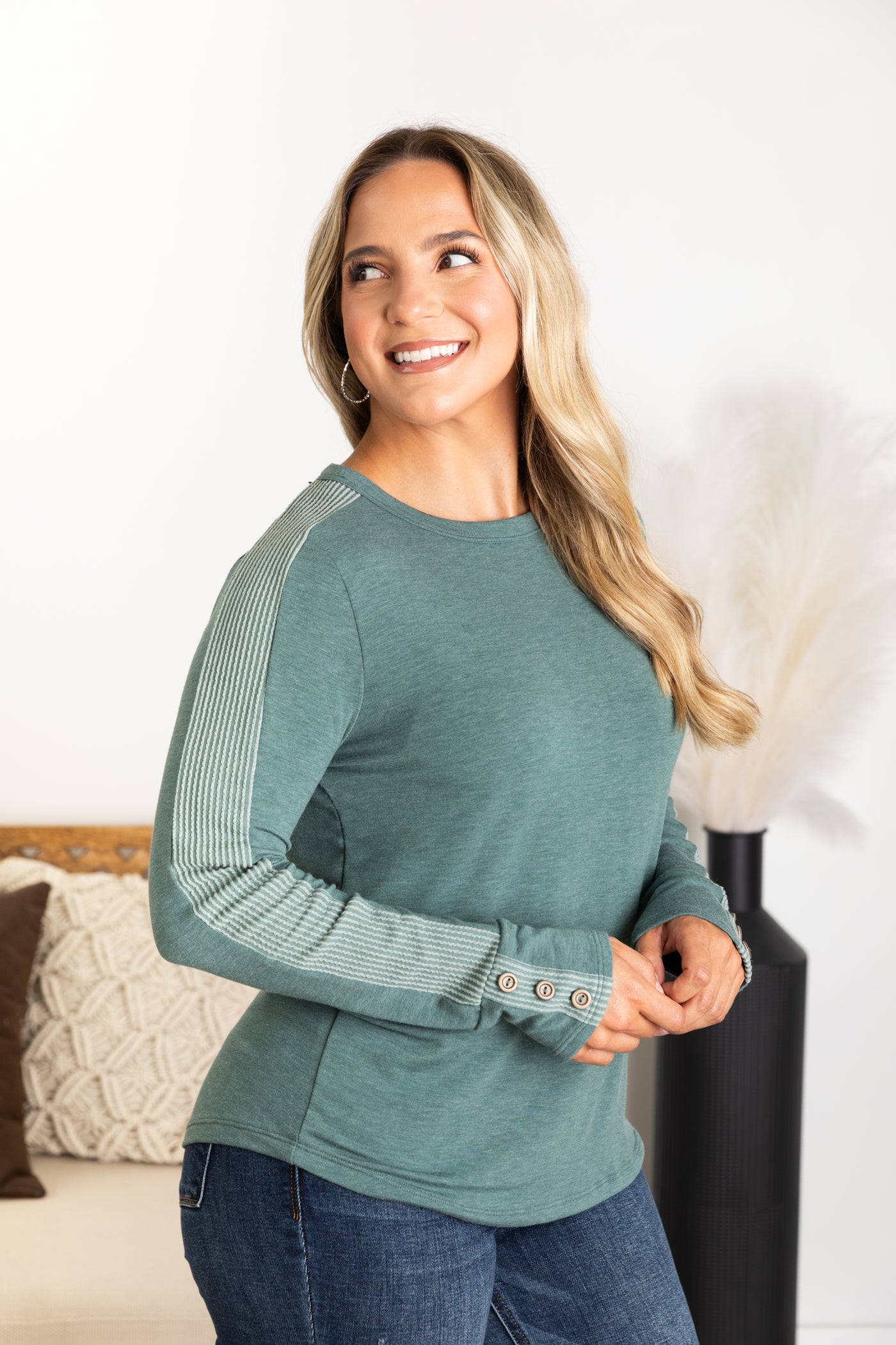 Solid Long Sleeve Button Cuff Detail Knit Top