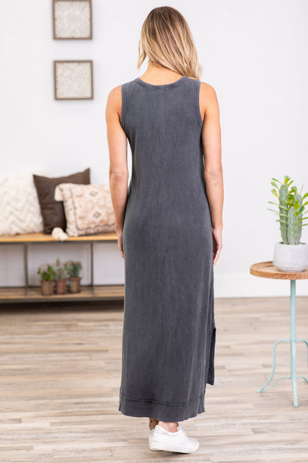 Charcoal Washed Notch Neck Maxi Dress - Filly Flair