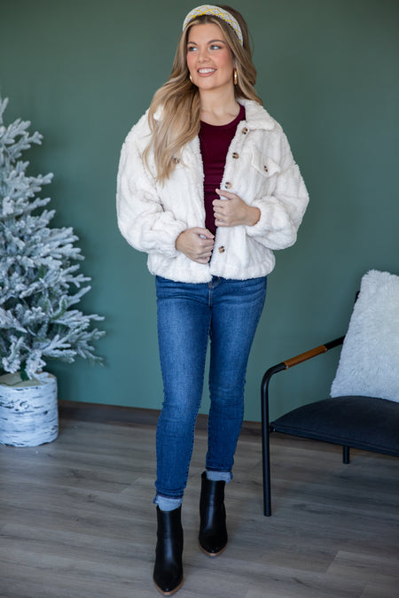 Cream Cable Knit Faux Fur Jacket