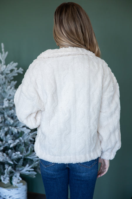 Cream Cable Knit Faux Fur Jacket