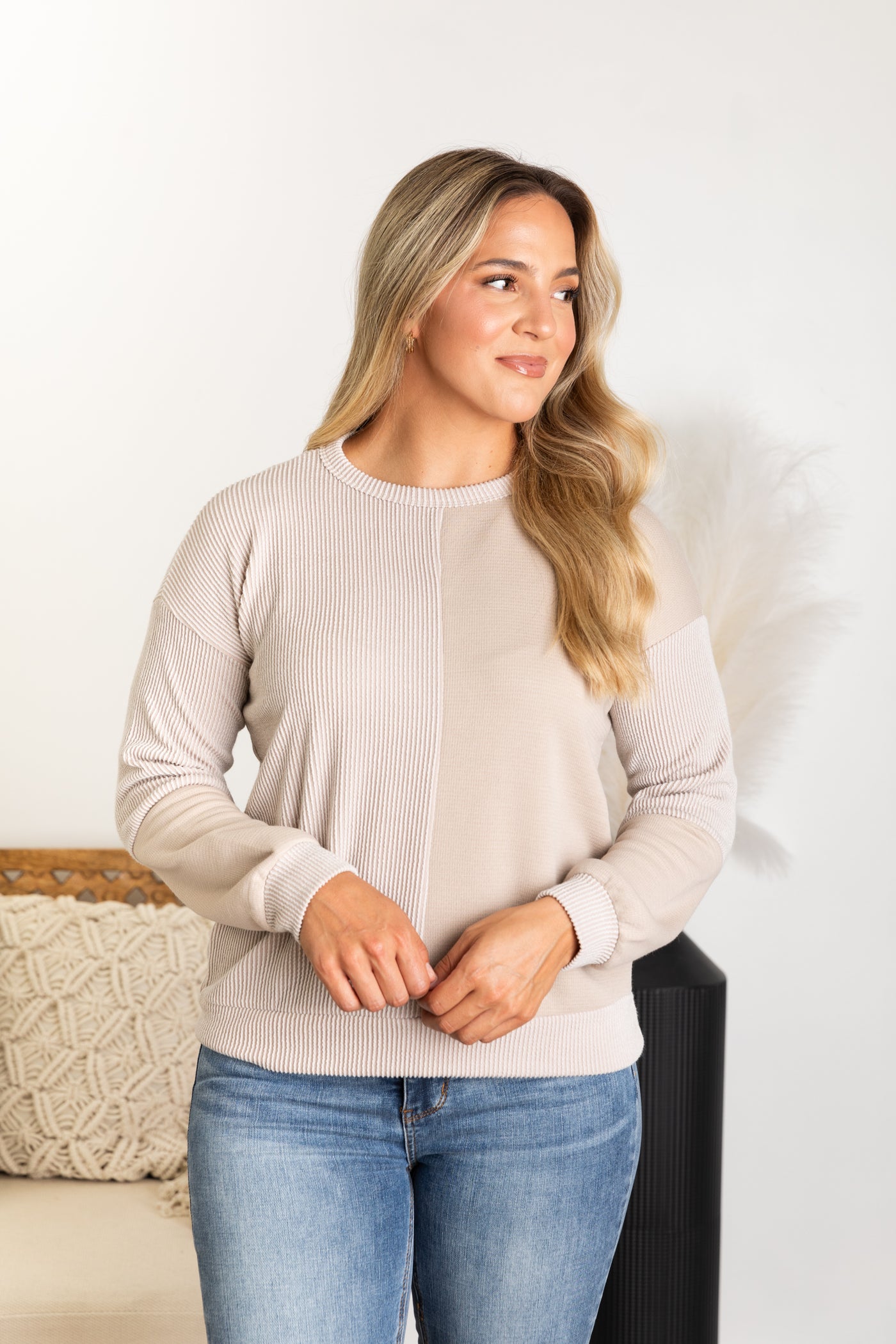 Beige Colorblock Long Sleeve Knit Top