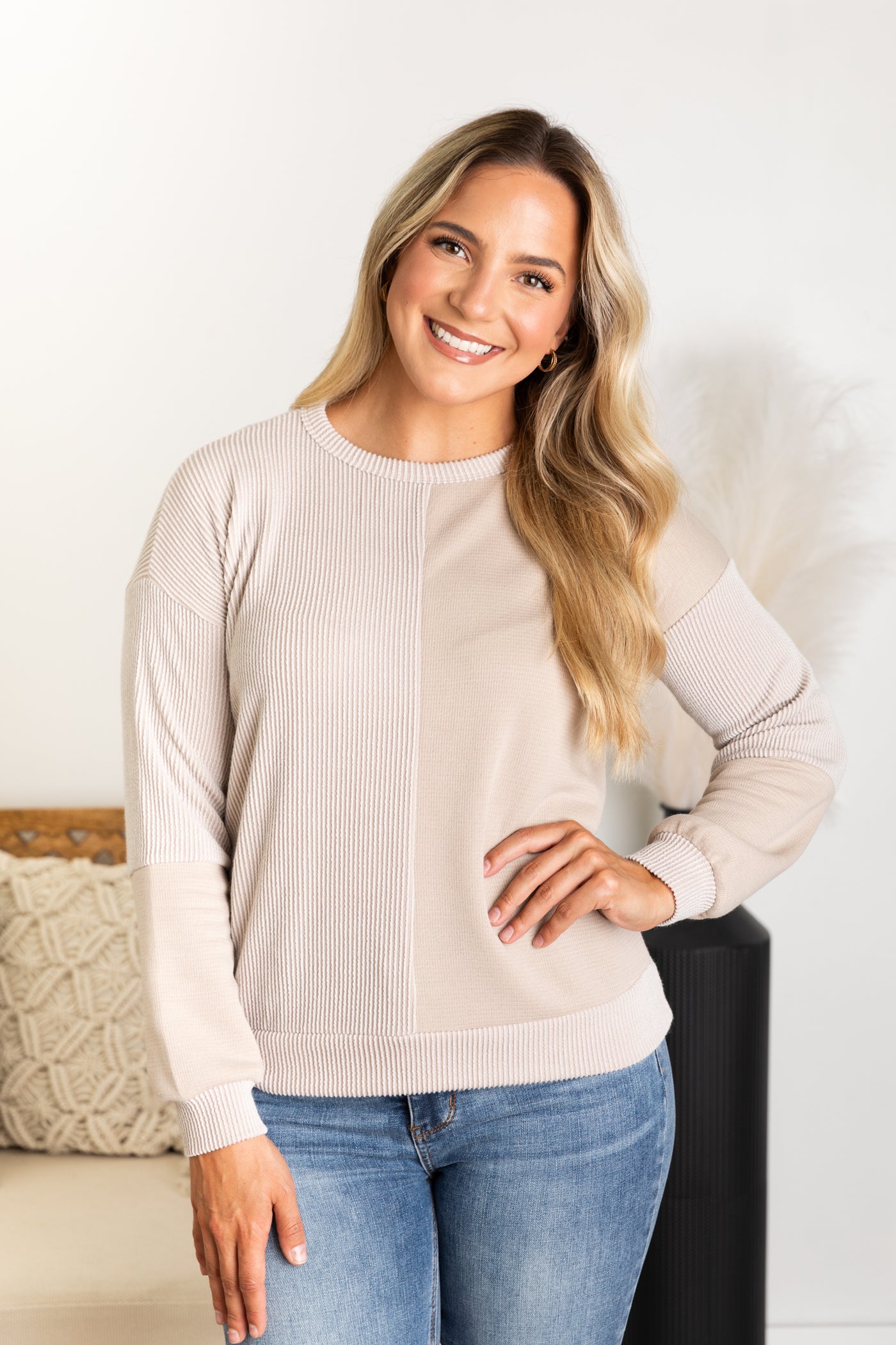 Beige Colorblock Long Sleeve Knit Top