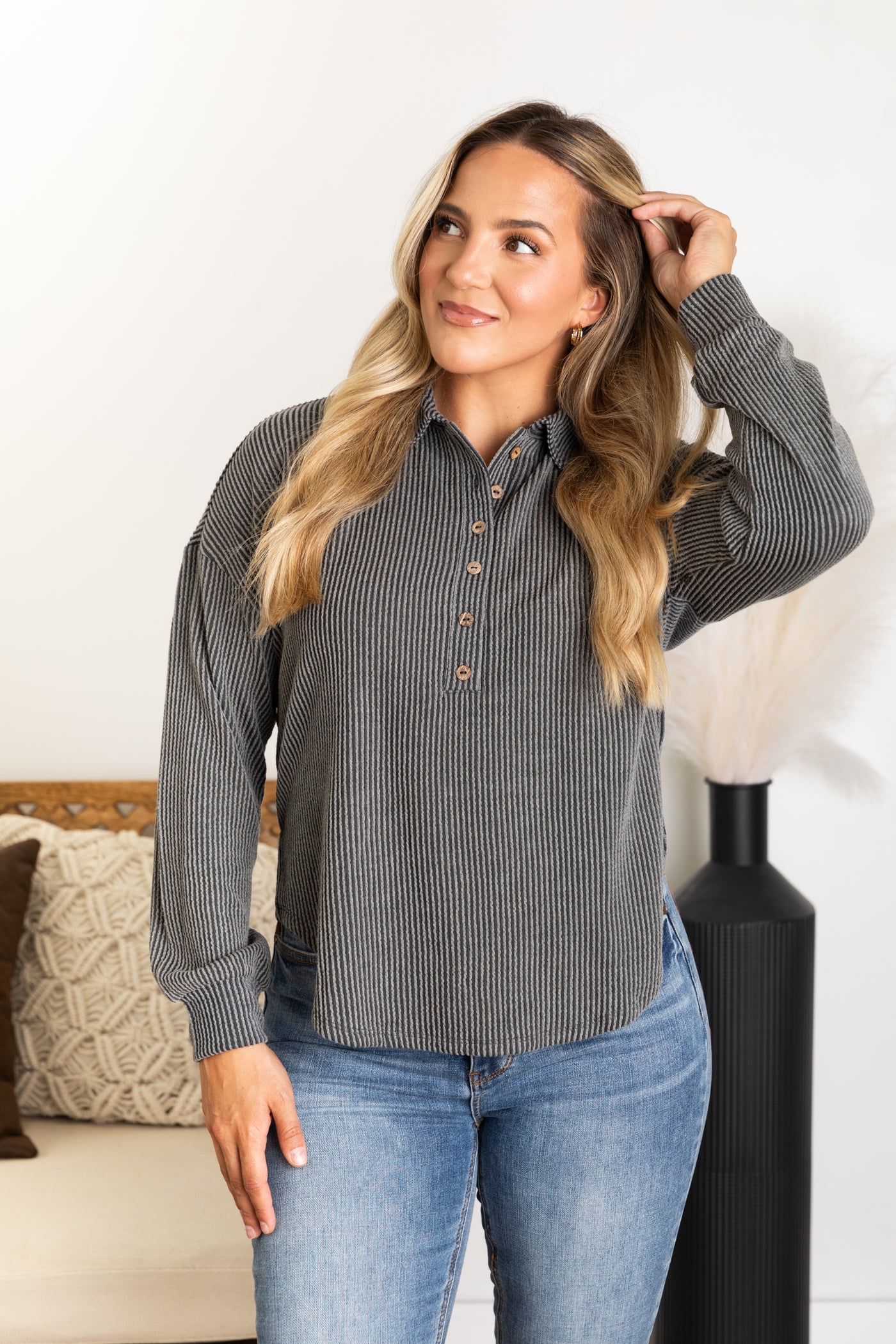 Pinstripe Collared Half Button Knit Top