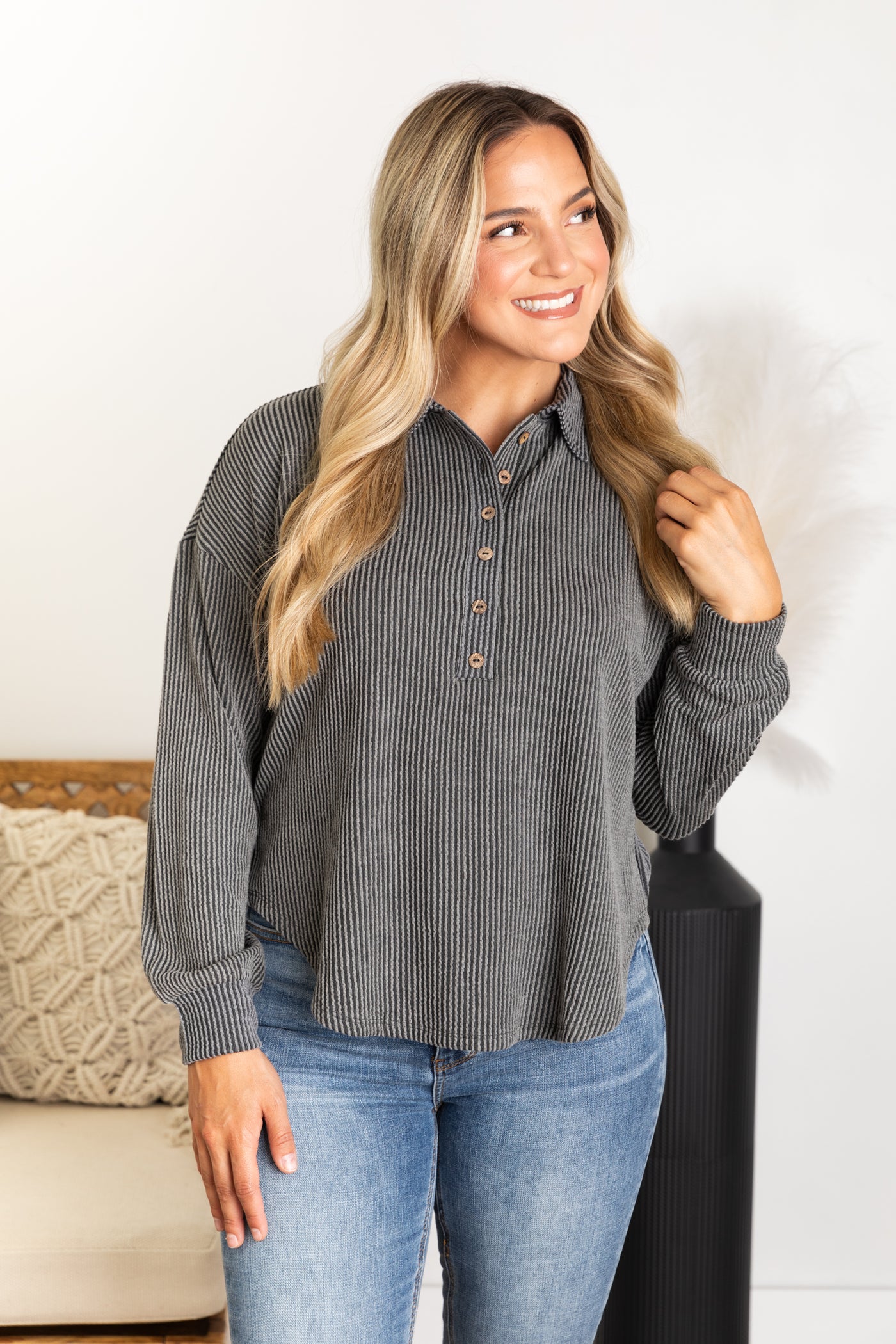 Pinstripe Collared Half Button Knit Top