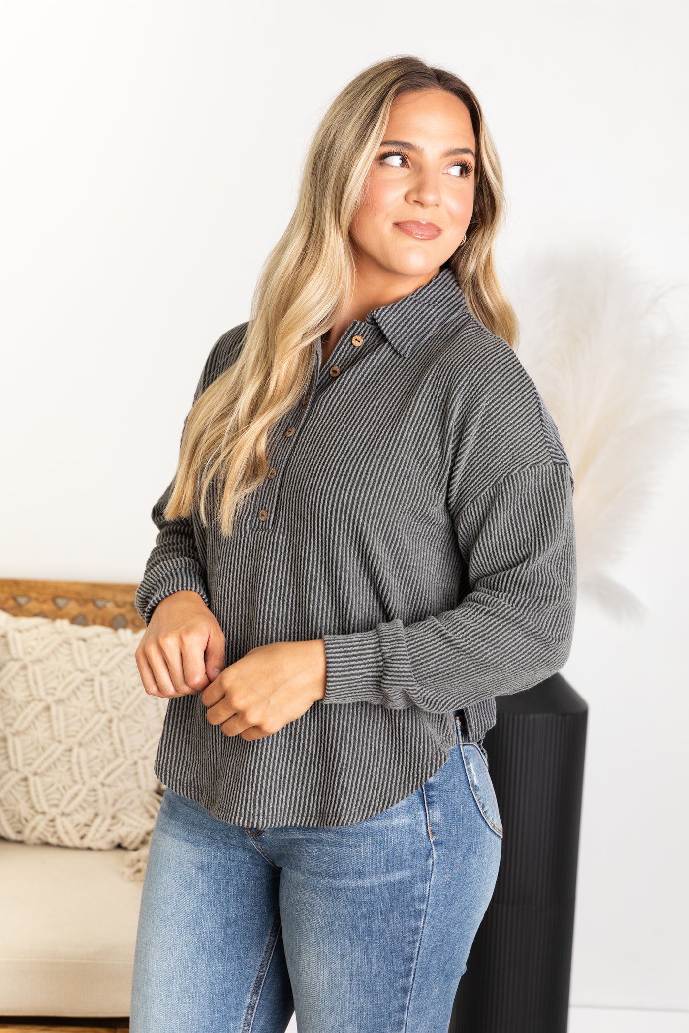 Pinstripe Collared Half Button Knit Top