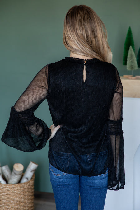 Black Metallic Bell Sleeve Top