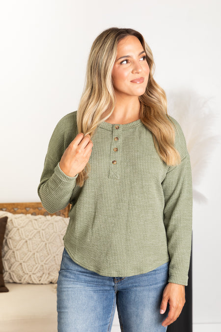 Waffle Knit Henley Long Sleeve Knit Top