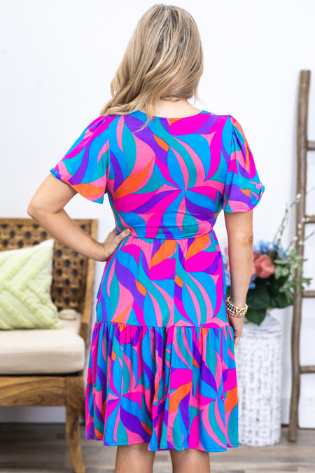 Blue and Fuchsia Geo Print Flare Midi Dress