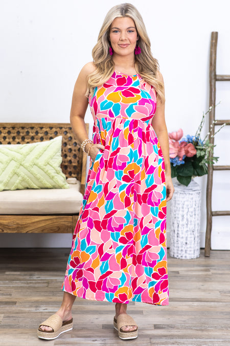 Fuchsia Multicolor Abstract Midi Dress