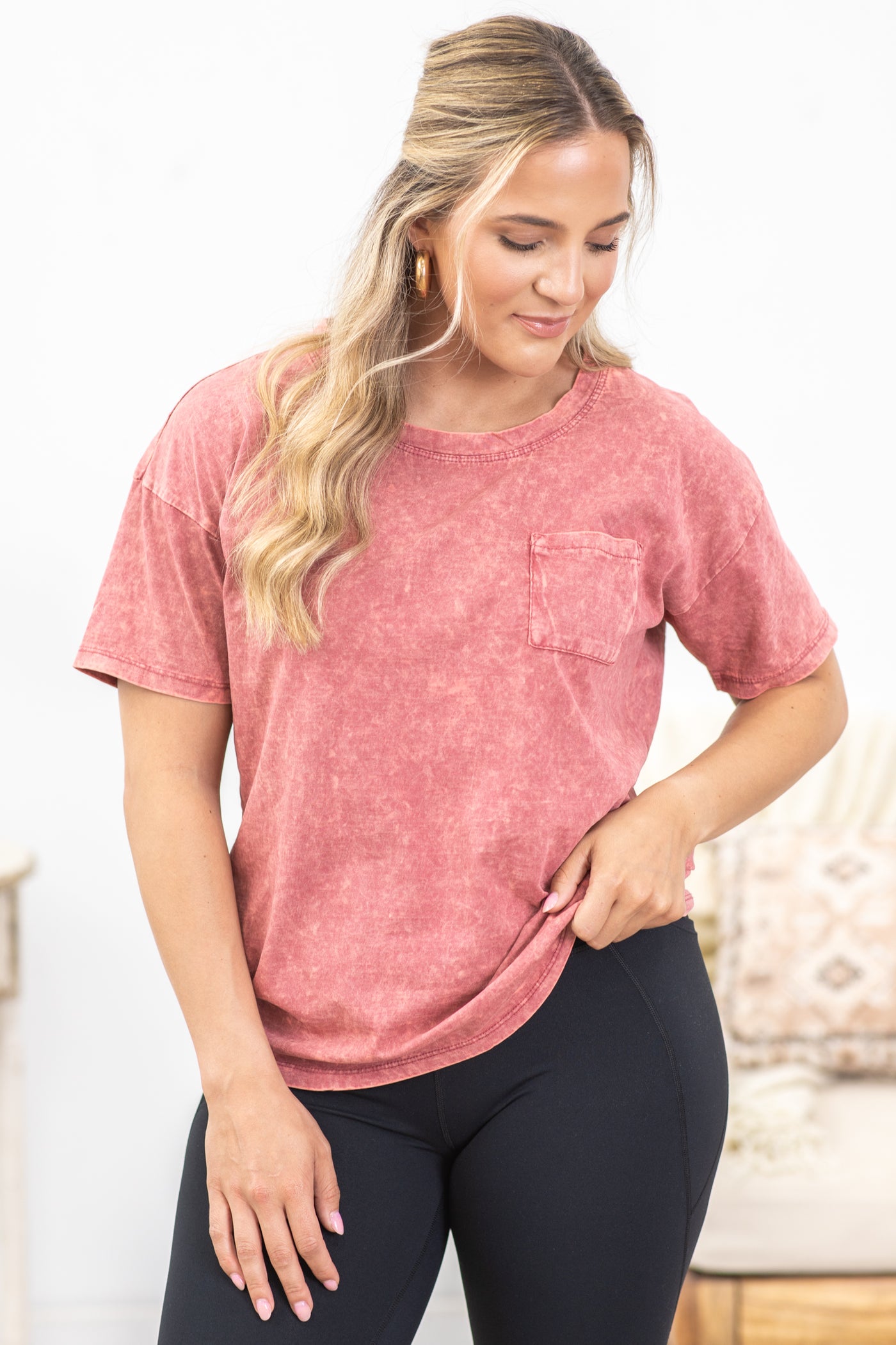 Wine Wash Scoop Neck Short Sleeve Knit Top