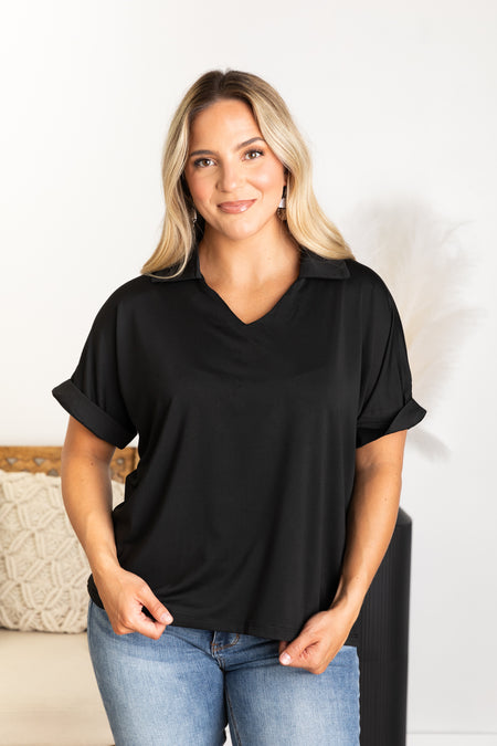 V-Neck Solid Short Sleeve Knit Top