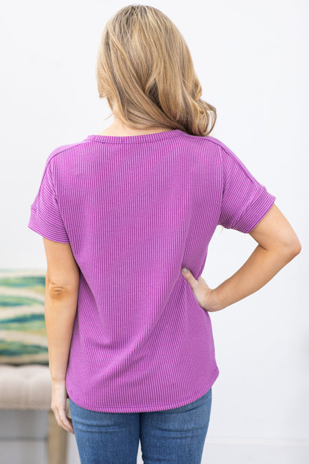 Plum Ribbed Short Sleeve Knit Top