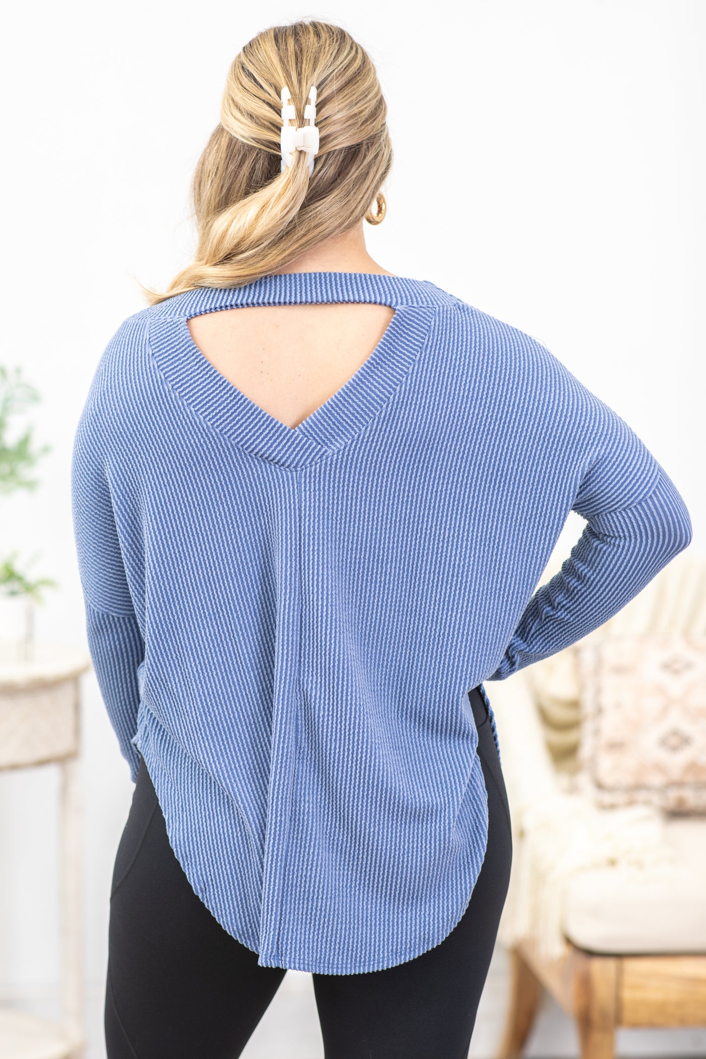 Dusty Blue Ribbed Round Hem Top