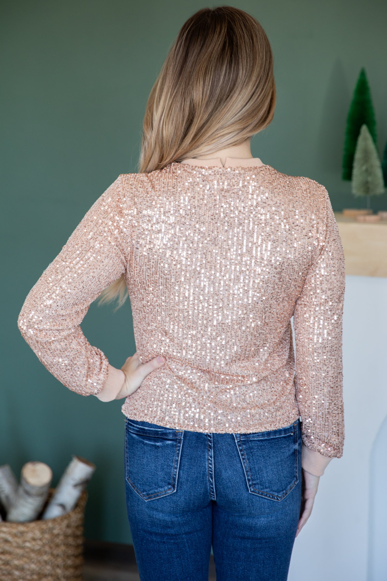 PINK Rose gold sequin vneck long deals sleeve shirt