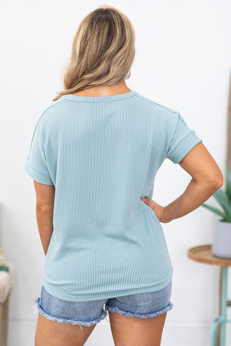 Blue Ribbed Short Sleeve Knit Top