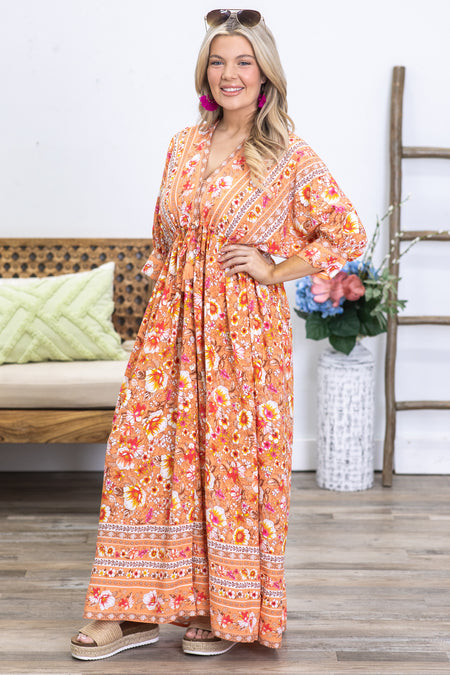 Orange Floral Boho Maxi Dress