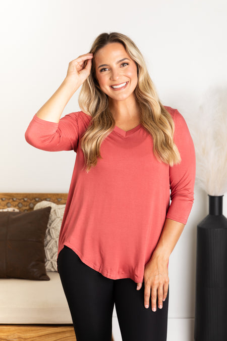 Solid 3/4 V-Neck Knit Top