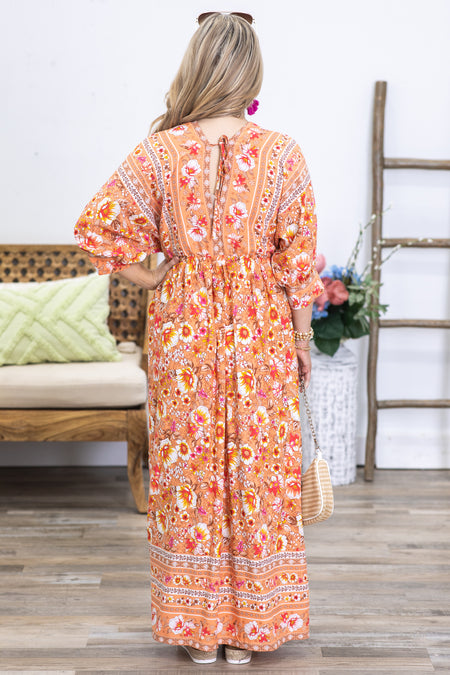 Orange Floral Boho Maxi Dress