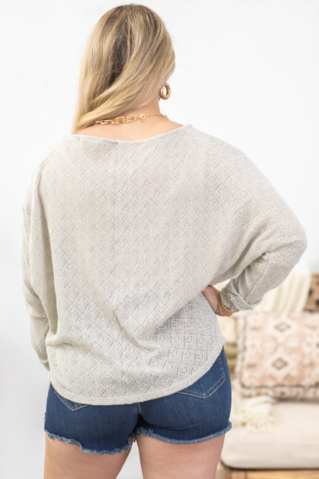 Grey Pointelle Detail Long Sleeve Knit Top