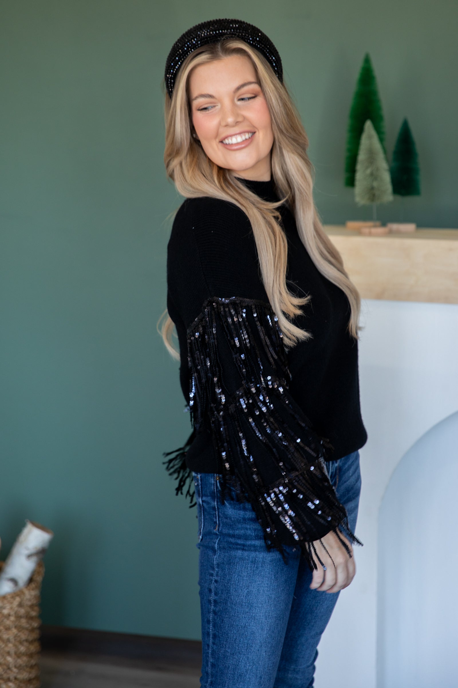 Black Sweater With Sequin Fringe Sleeves · Filly Flair