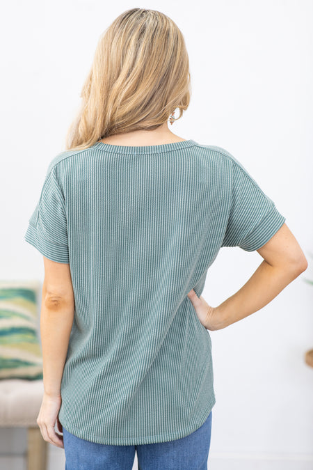 Light Olive Ribbed Short Sleeve Knit Top