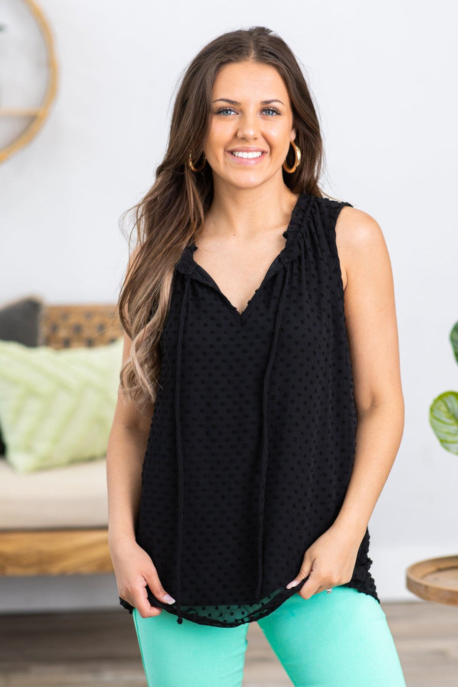 Black Swiss Dot Tank With Tie Detail - Filly Flair