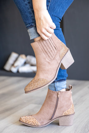 Taupe Faux Suede Booties With Sparkle Toe